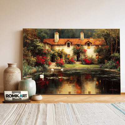 Romantic Lakeside House Waterscape Oil Painting - image 3