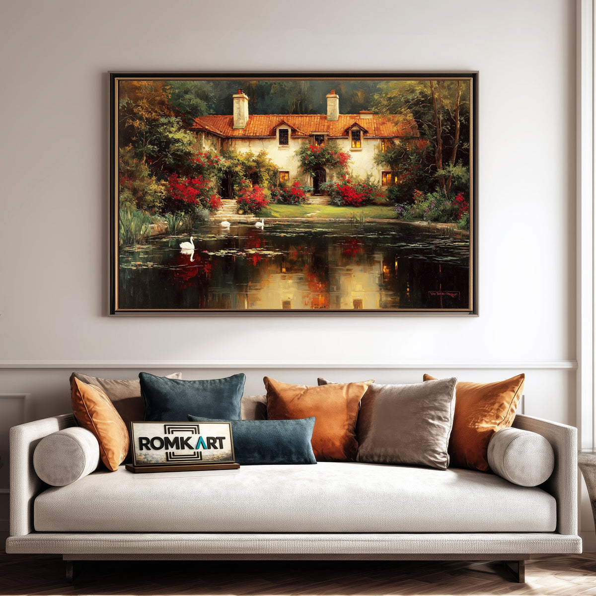 Romantic Lakeside House Waterscape Oil Painting - image 4