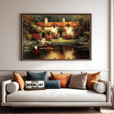 Romantic Lakeside House Waterscape Oil Painting - image 4