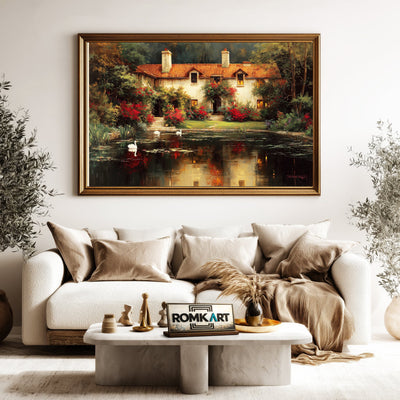 Romantic Lakeside House Waterscape Oil Painting - image 5