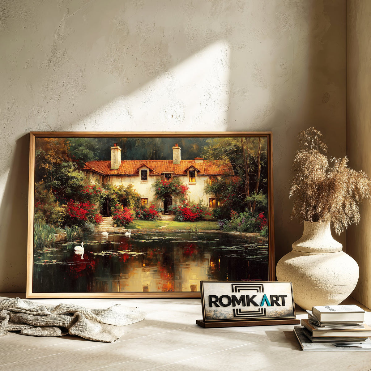 Romantic Lakeside House Waterscape Oil Painting - image 6