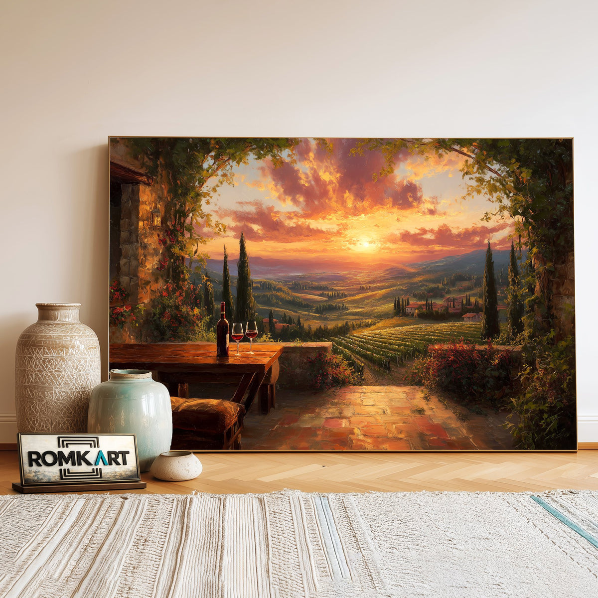 Romantic Tuscan Vineyard Countryside Oil Painting - image 3