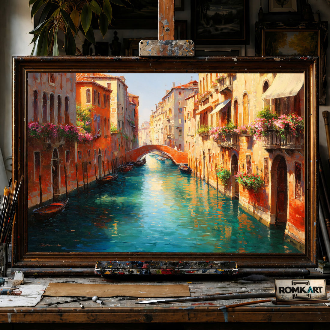 Romantic Venetian Canal - Hand-Painted Oil Painting - View 1