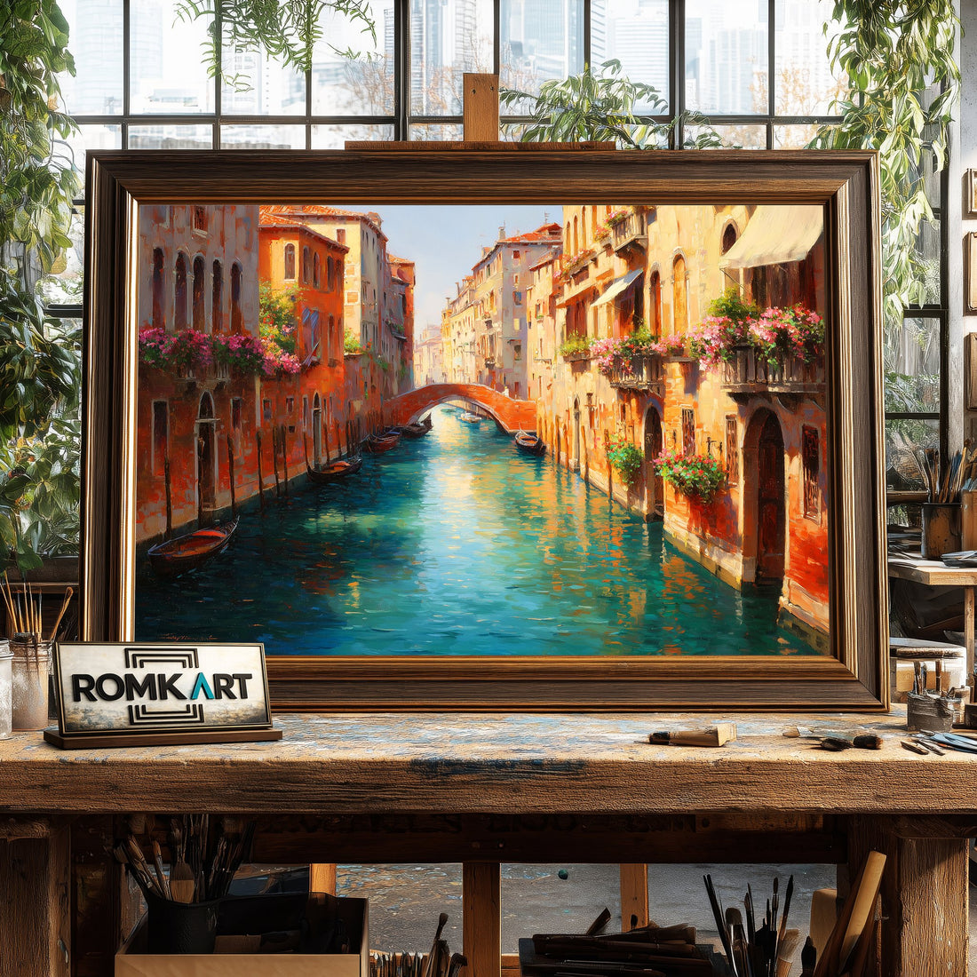 Romantic Venetian Canal - Hand-Painted Oil Painting - View 1