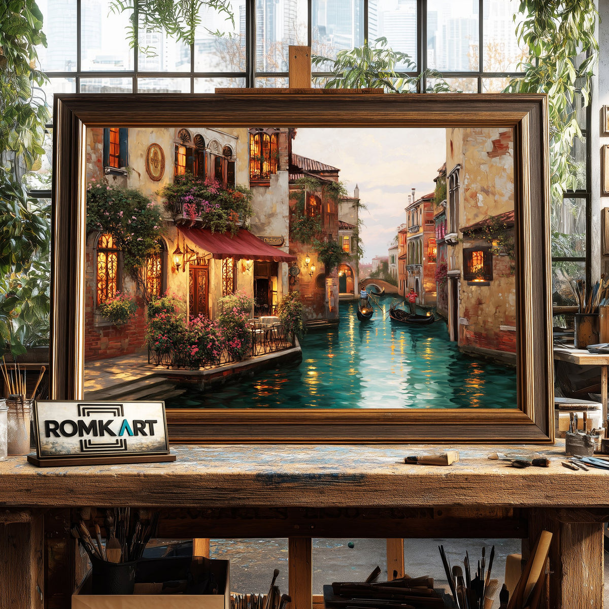 Romantic Venetian Canal Harbor Seascape Oil Painting - image 2