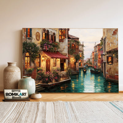 Romantic Venetian Canal Harbor Seascape Oil Painting - image 3
