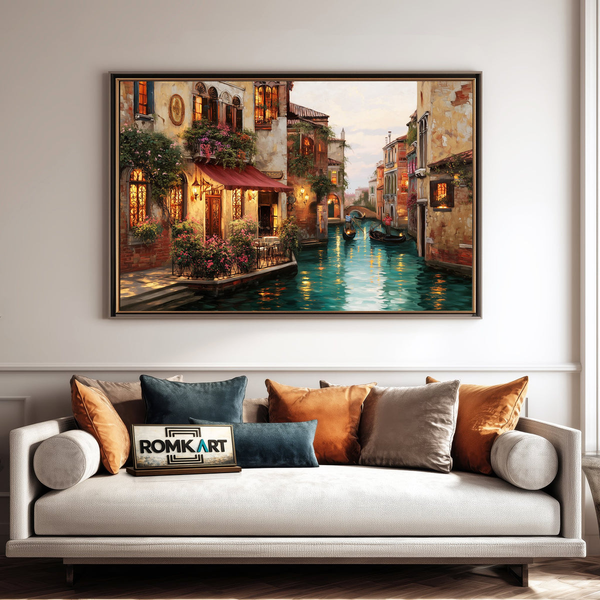 Romantic Venetian Canal Harbor Seascape Oil Painting - image 4