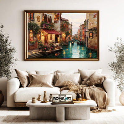 Romantic Venetian Canal Harbor Seascape Oil Painting - image 5