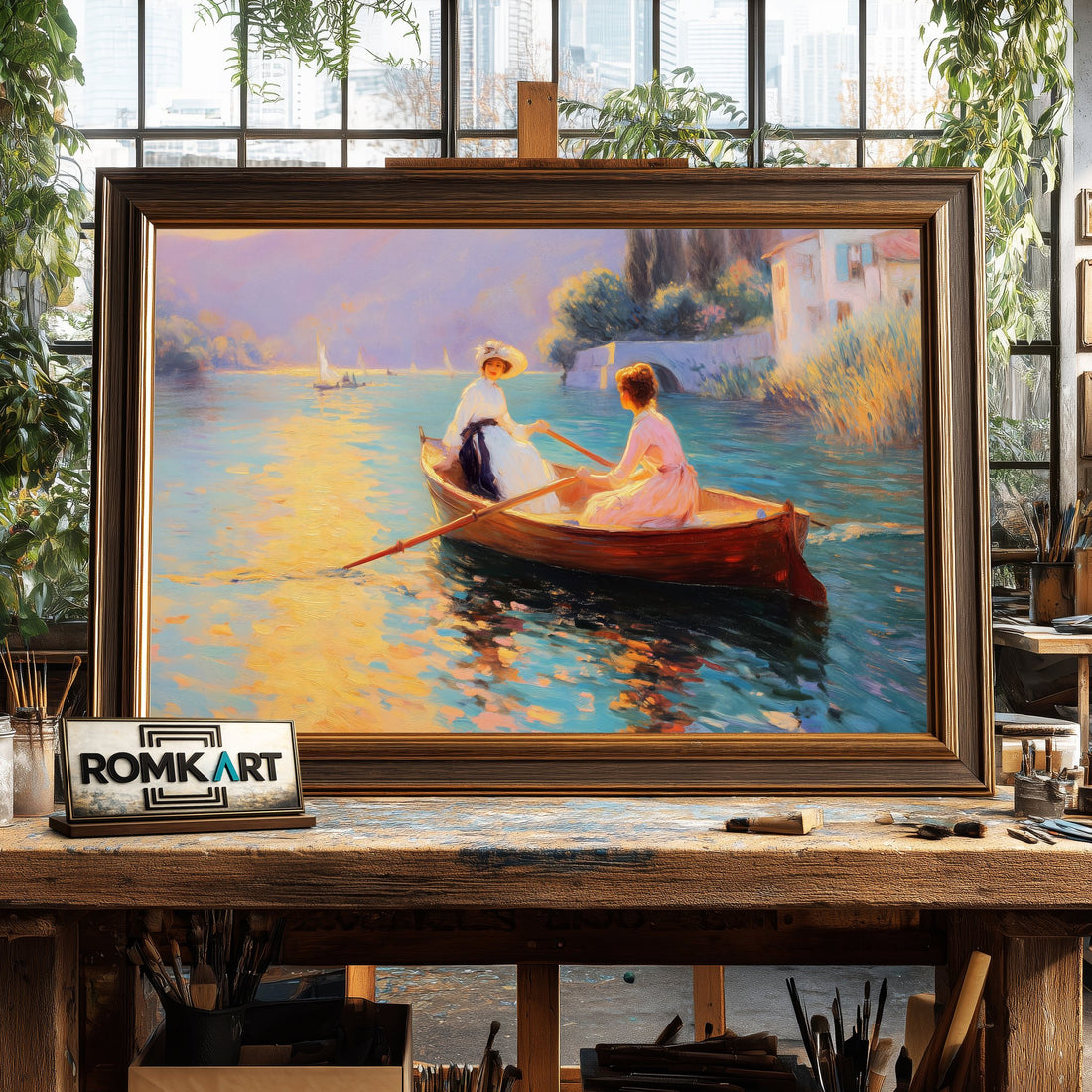 Rowing on Wooden Boat Maritime Oil Painting