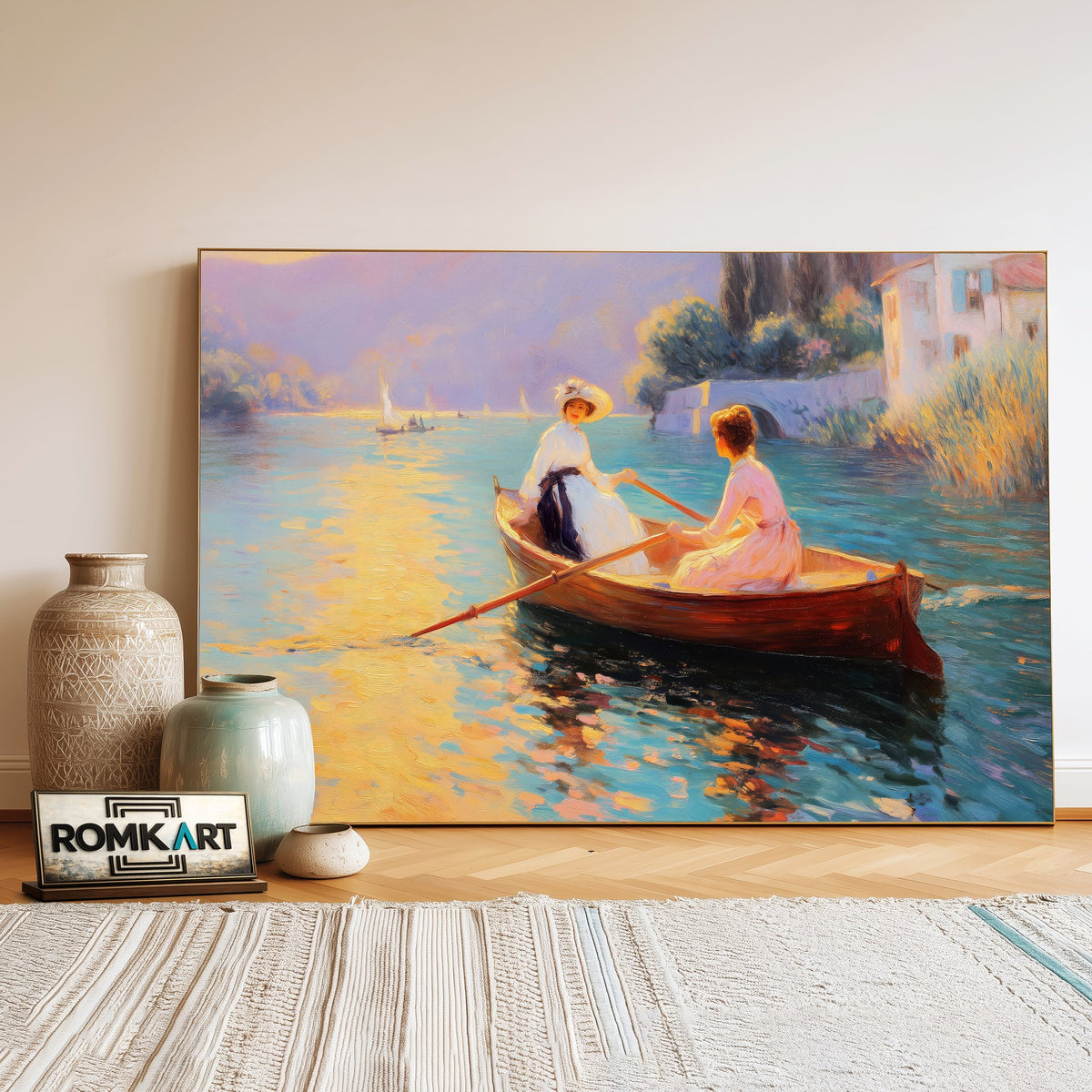 Rowing on Wooden Boat Maritime Oil Painting - image 3