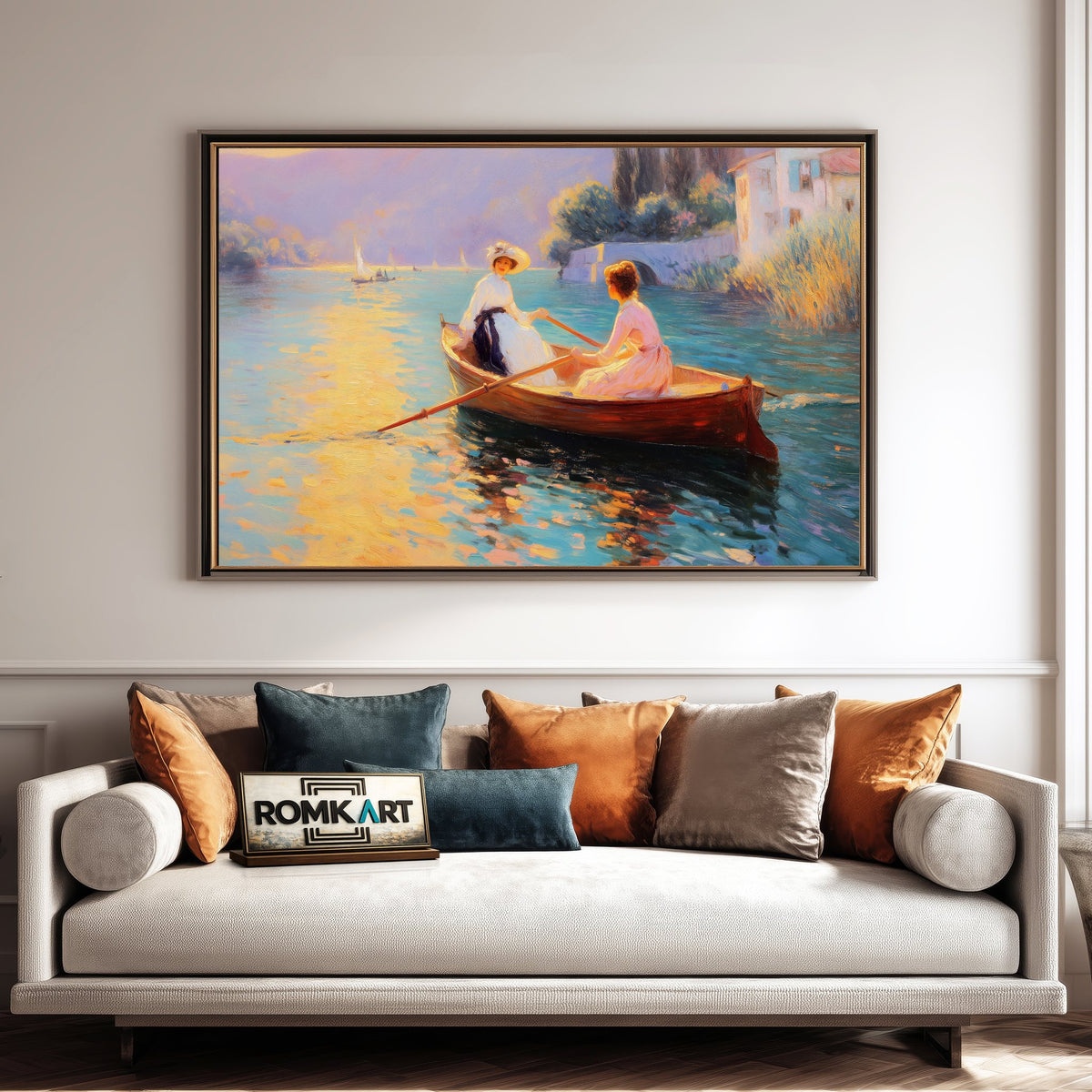 Rowing on Wooden Boat Maritime Oil Painting - image 4