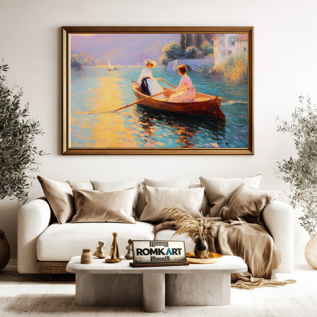 Rowing on Wooden Boat Maritime Oil Painting - image 5