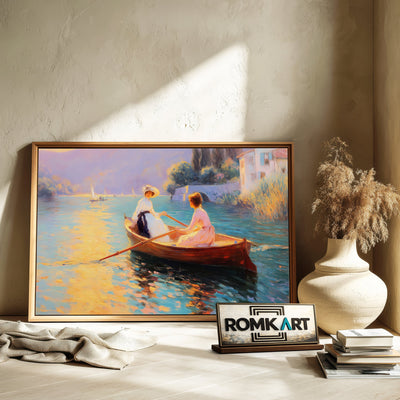 Rowing on Wooden Boat Maritime Oil Painting - image 6