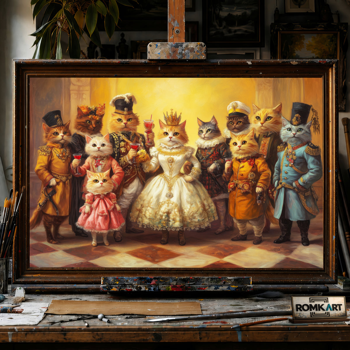 Royal Cat Family hand-painted oil painting on canvas