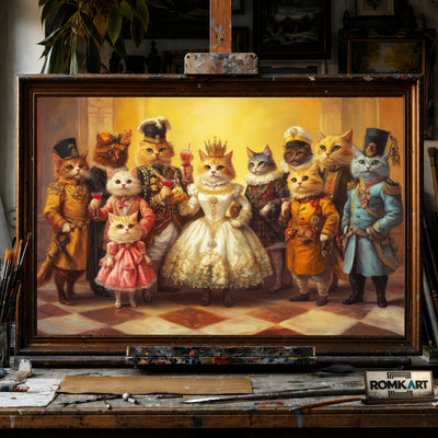 Royal Cat Family hand-painted oil painting on canvas