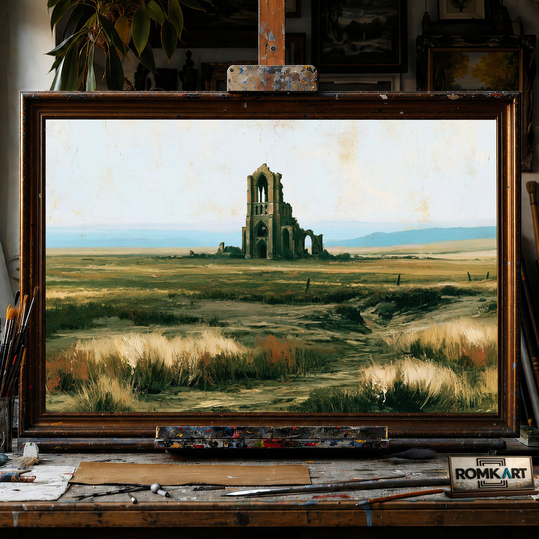 Ruined Gothic Church in European landscape - Hand-Painted Oil Painting - View 1