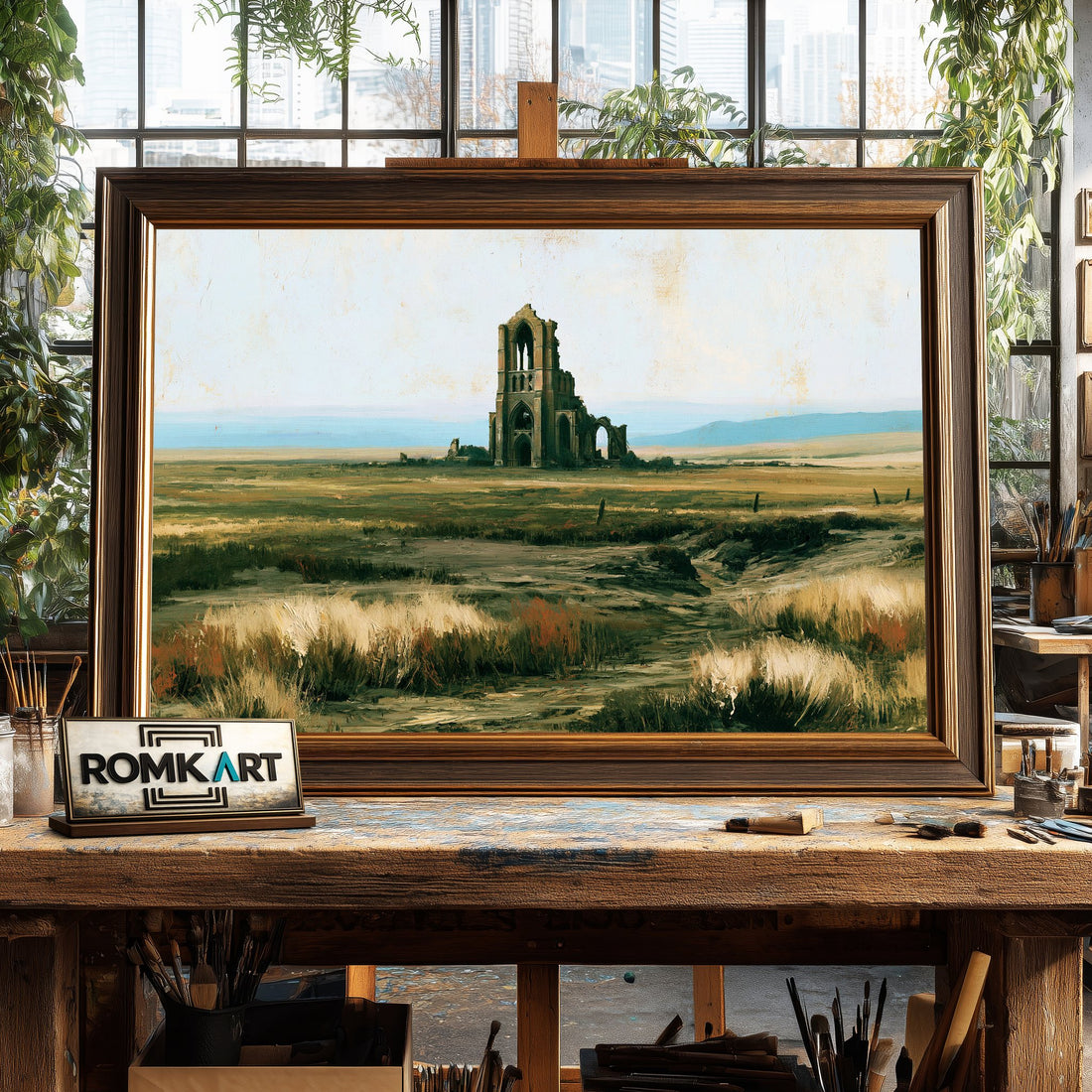 Ruined Gothic Church in European landscape - Hand-Painted Oil Painting - View 1