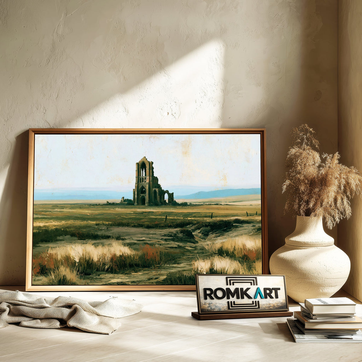 Ruined Gothic Church In European Landscape Oil Painting - image 6