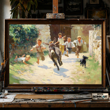 Rural Childhood Donkey Chasing hand-painted oil painting on canvas