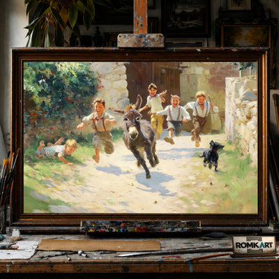 Rural Childhood Donkey Chasing hand-painted oil painting on canvas