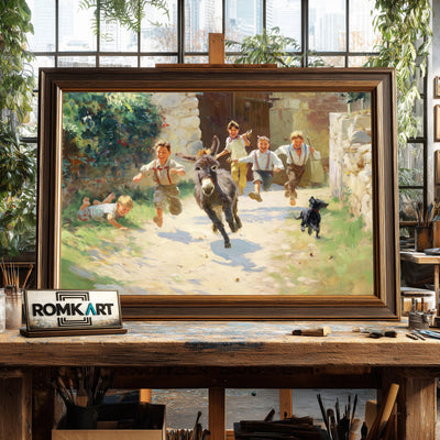 Rural Childhood Donkey Chasing Countryside Oil Painting - image 2