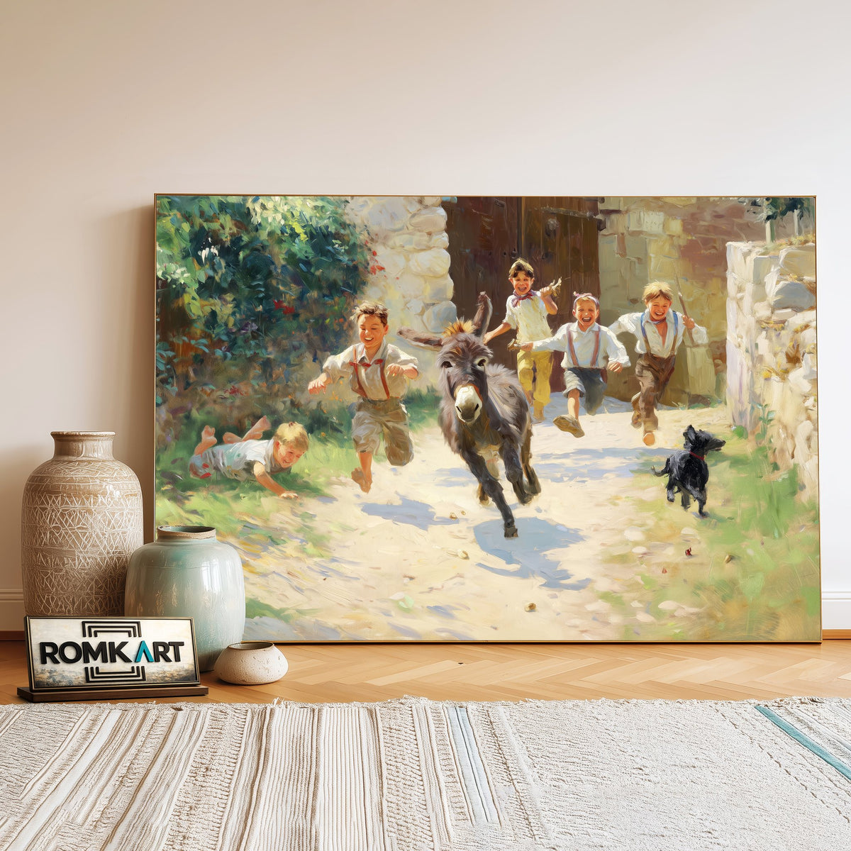 Rural Childhood Donkey Chasing Countryside Oil Painting - image 3