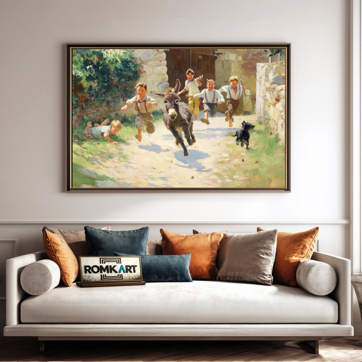 Rural Childhood Donkey Chasing Countryside Oil Painting - image 4