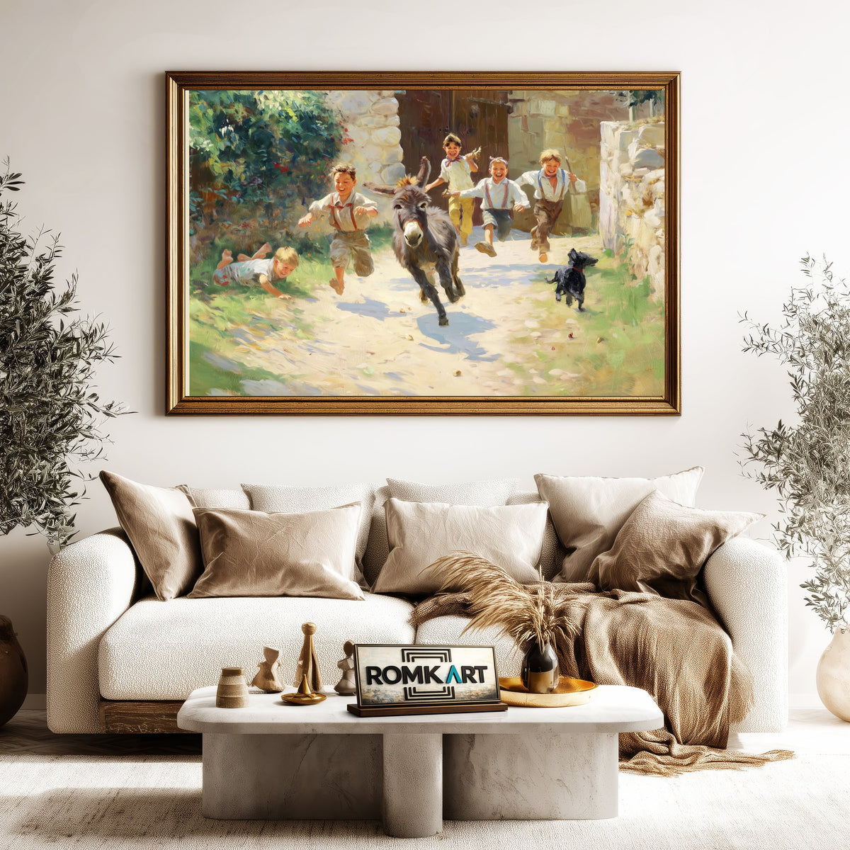 Rural Childhood Donkey Chasing Countryside Oil Painting - image 5