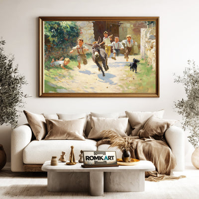 Rural Childhood Donkey Chasing Countryside Oil Painting - image 5