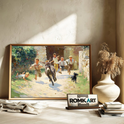 Rural Childhood Donkey Chasing Countryside Oil Painting - image 6