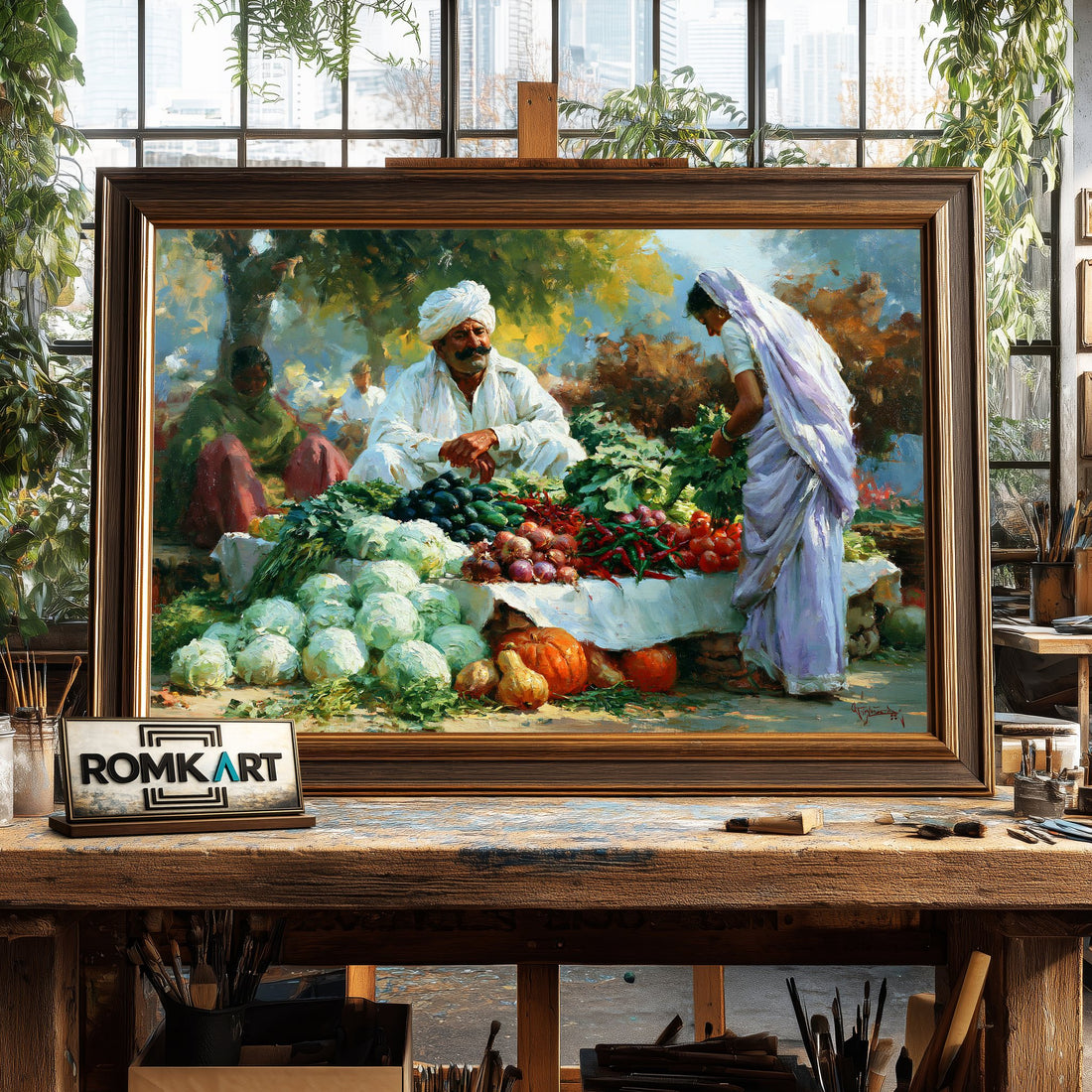 Rural Indian vegetable market hand-painted oil painting on canvas
