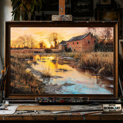 Rustic Countryside Scene at Sunset hand-painted oil painting on canvas