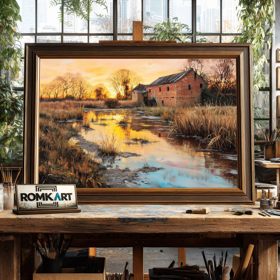 Rustic Countryside Scene at Sunset hand-painted oil painting on canvas