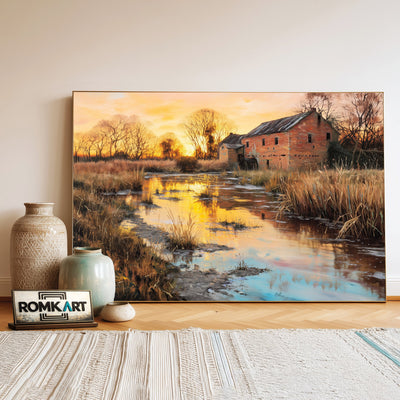 Rustic Countryside Scene at Sunset Oil Painting - image 3