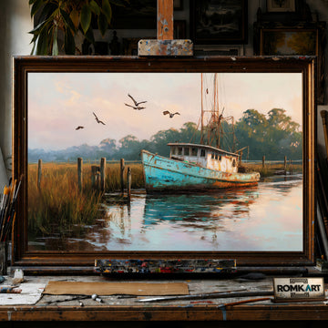 Rustic Fishing Workboat Maritime Oil Painting