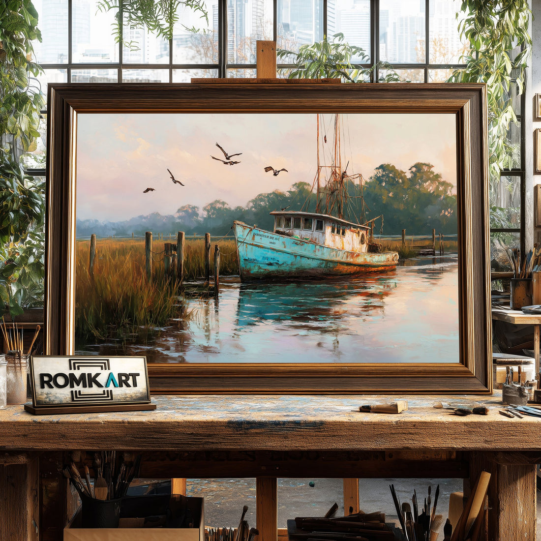 Rustic Fishing Workboat Maritime Oil Painting