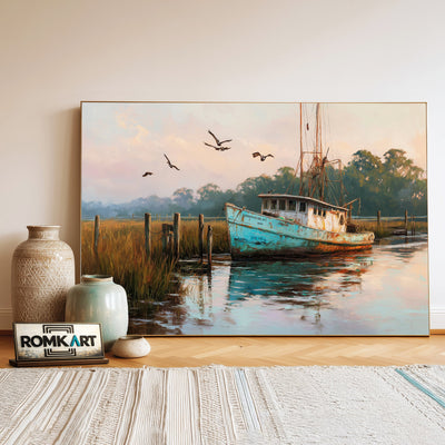 Rustic Fishing Workboat Maritime Oil Painting - image 3