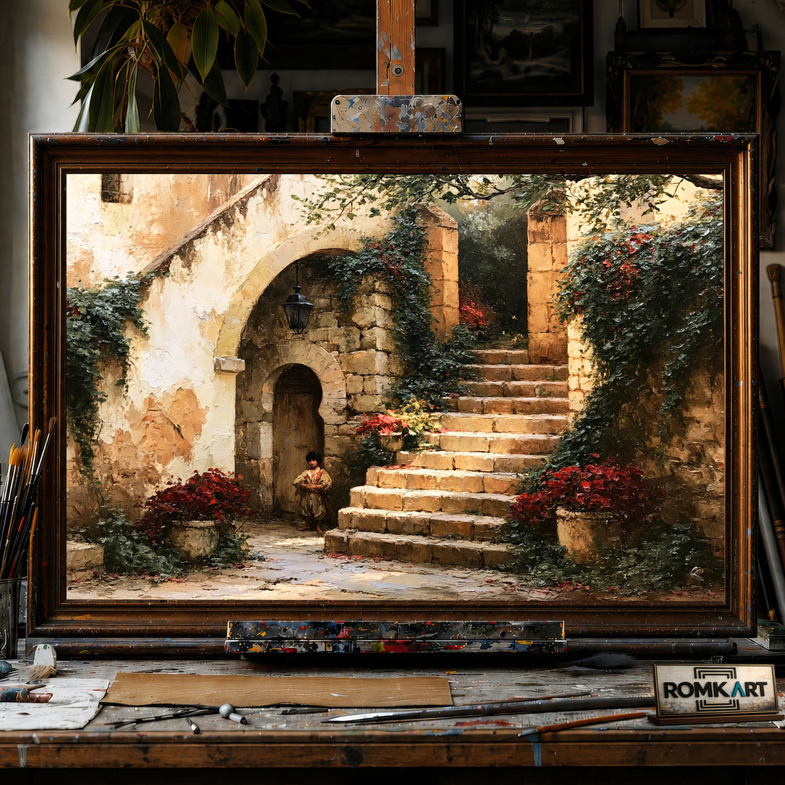 Rustic French Courtyard hand-painted oil painting on canvas