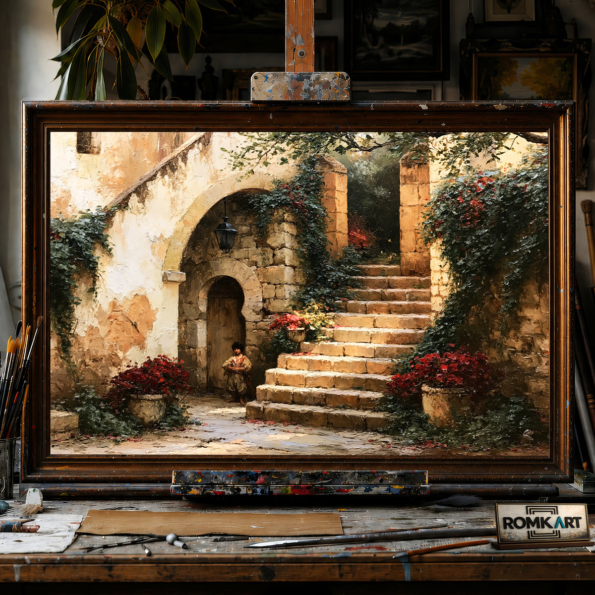 Rustic French Courtyard hand-painted oil painting on canvas