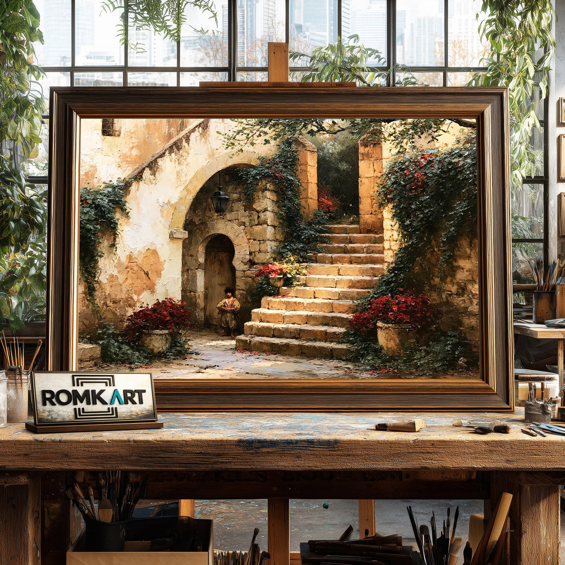 Rustic French Courtyard hand-painted oil painting on canvas