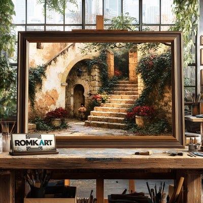 Rustic French Courtyard Countryside Oil Painting - image 2