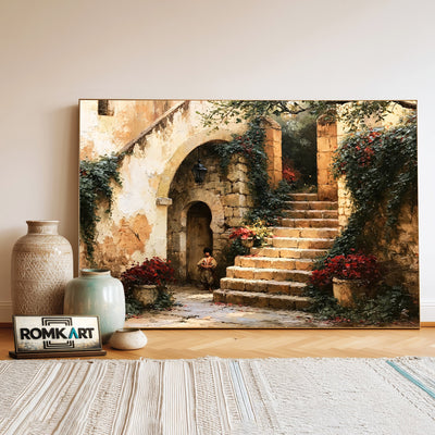 Rustic French Courtyard Countryside Oil Painting - image 3