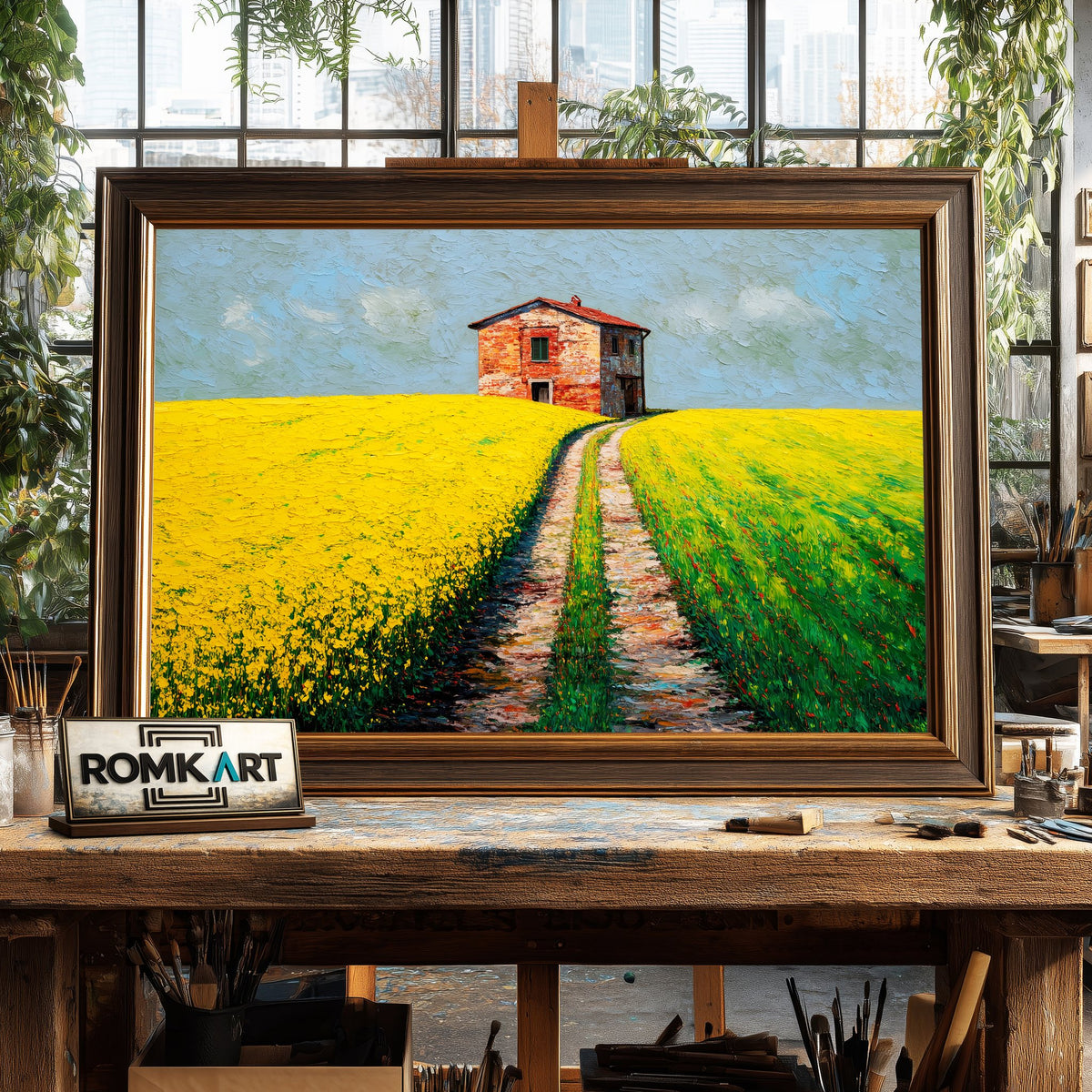 Rustic House on atop Sloped Hill Architectural Oil Painting - image 2