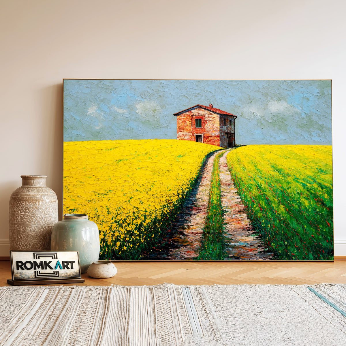 Rustic House on atop Sloped Hill Architectural Oil Painting - image 3