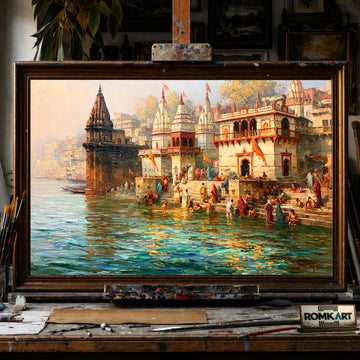 Sacred Ghat with Hindu temple hand-painted oil painting on canvas