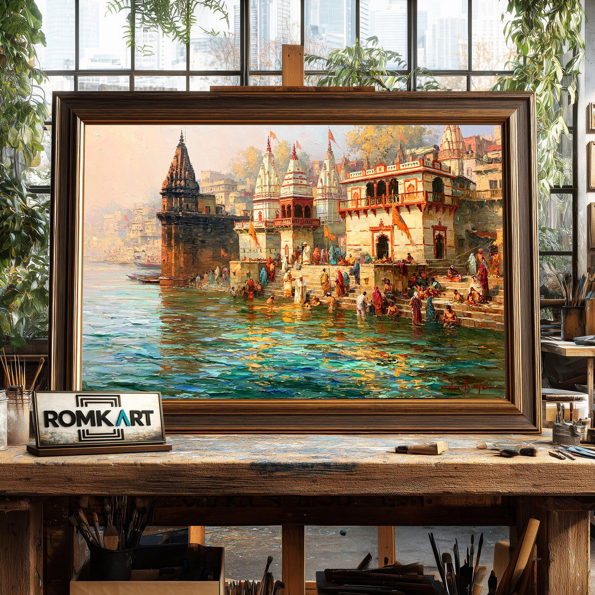 Sacred Ghat with Hindu temple Oil Painting - image 2