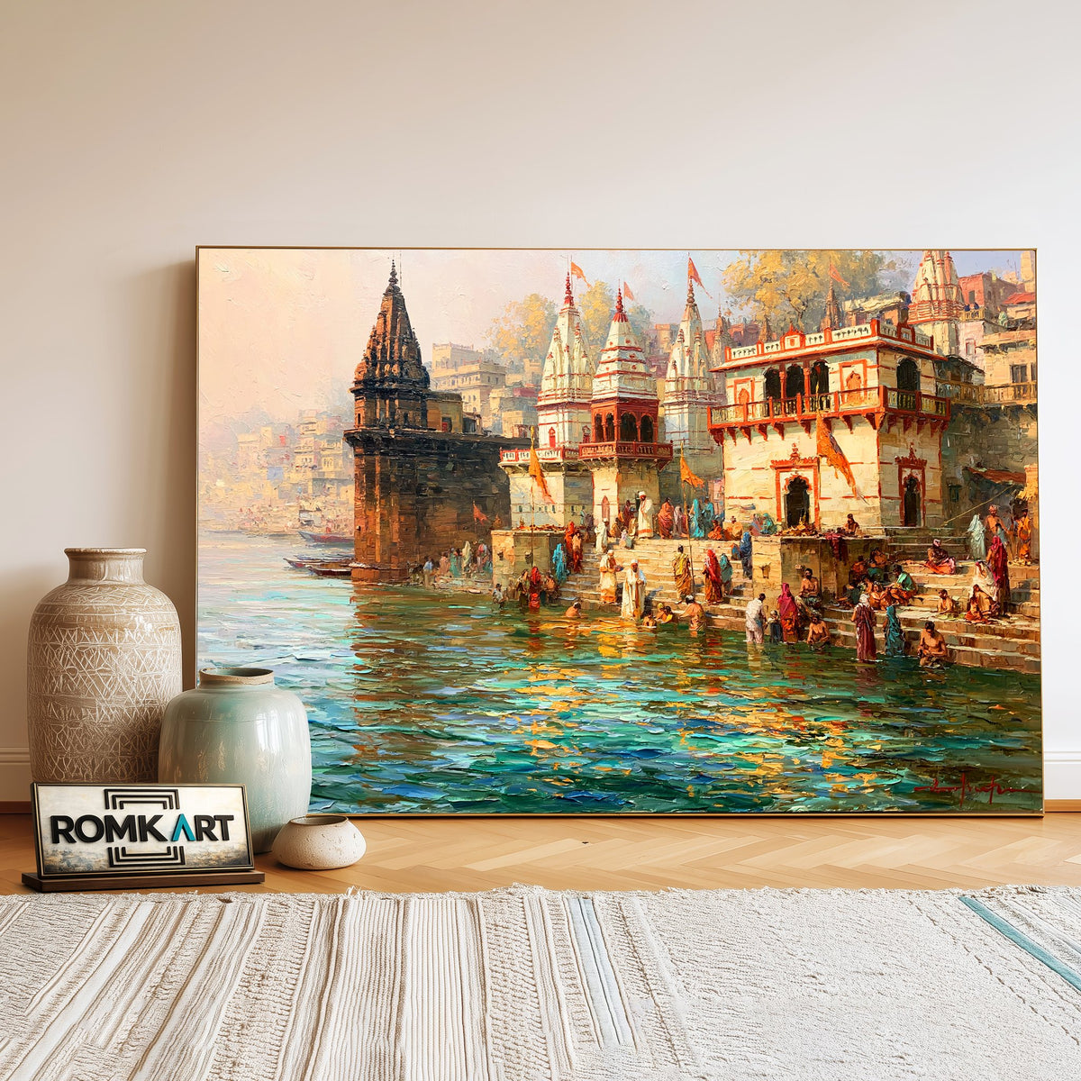 Sacred Ghat with Hindu temple Oil Painting - image 3