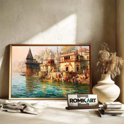 Sacred Ghat with Hindu temple Oil Painting - image 6