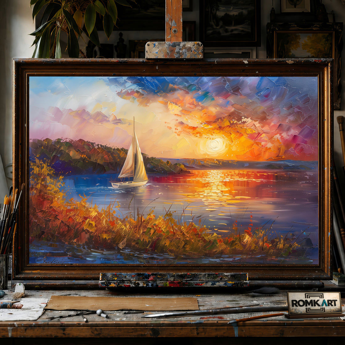 Sailboat on Sunset Lake Maritime Oil Painting