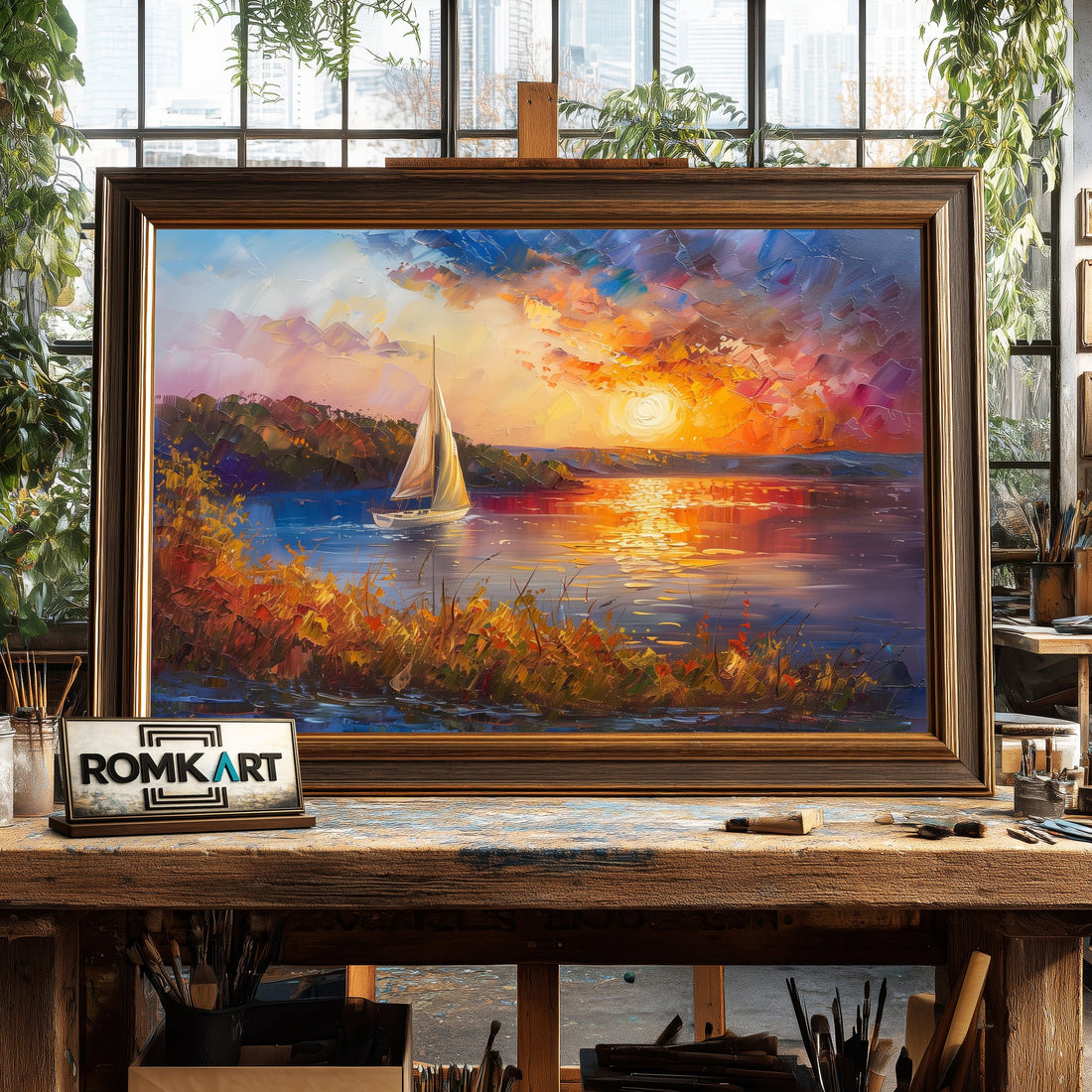 Sailboat on Sunset Lake Maritime Oil Painting